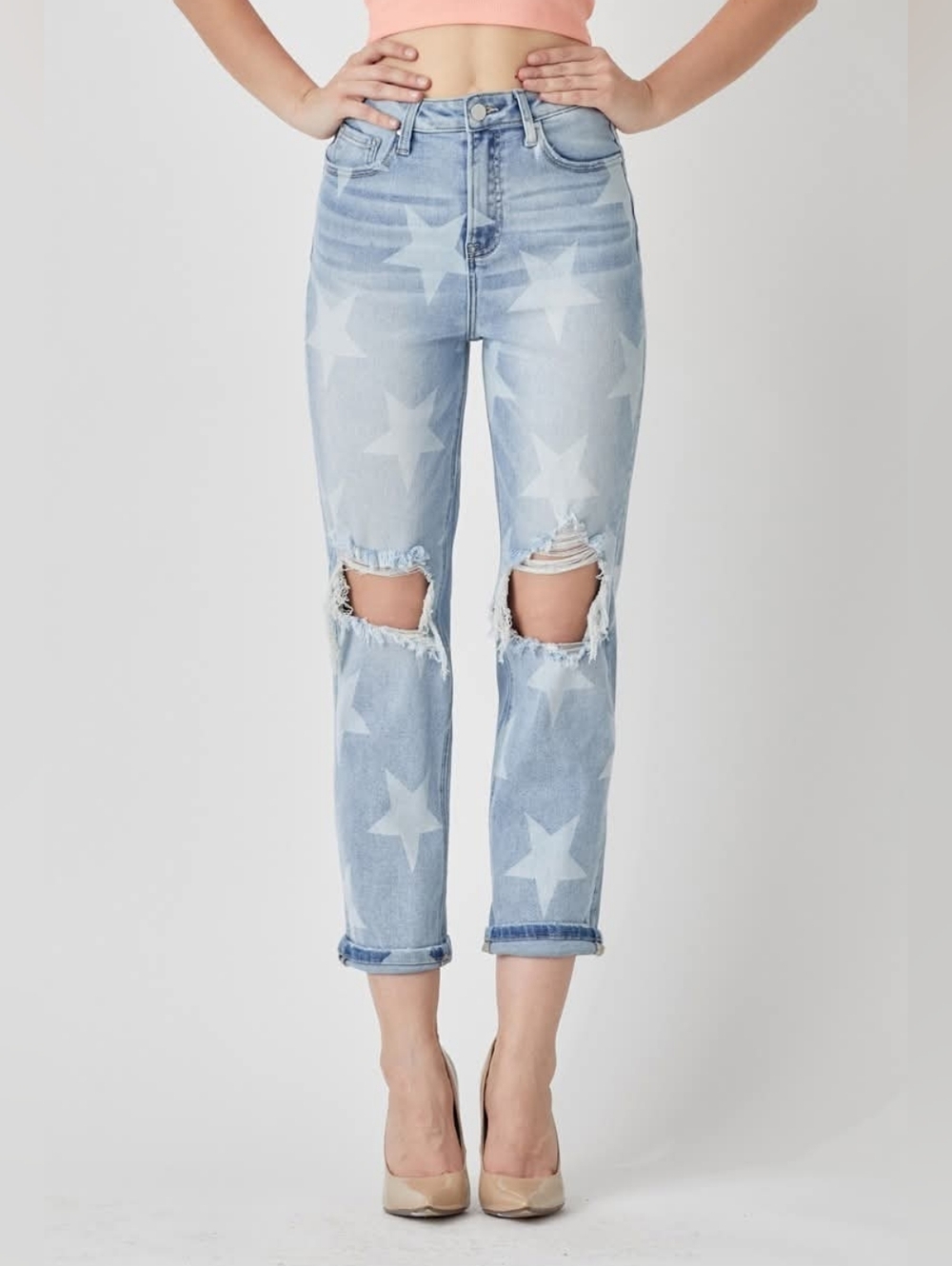 Risen Light Wash Star Print Distressed Women's Jeans